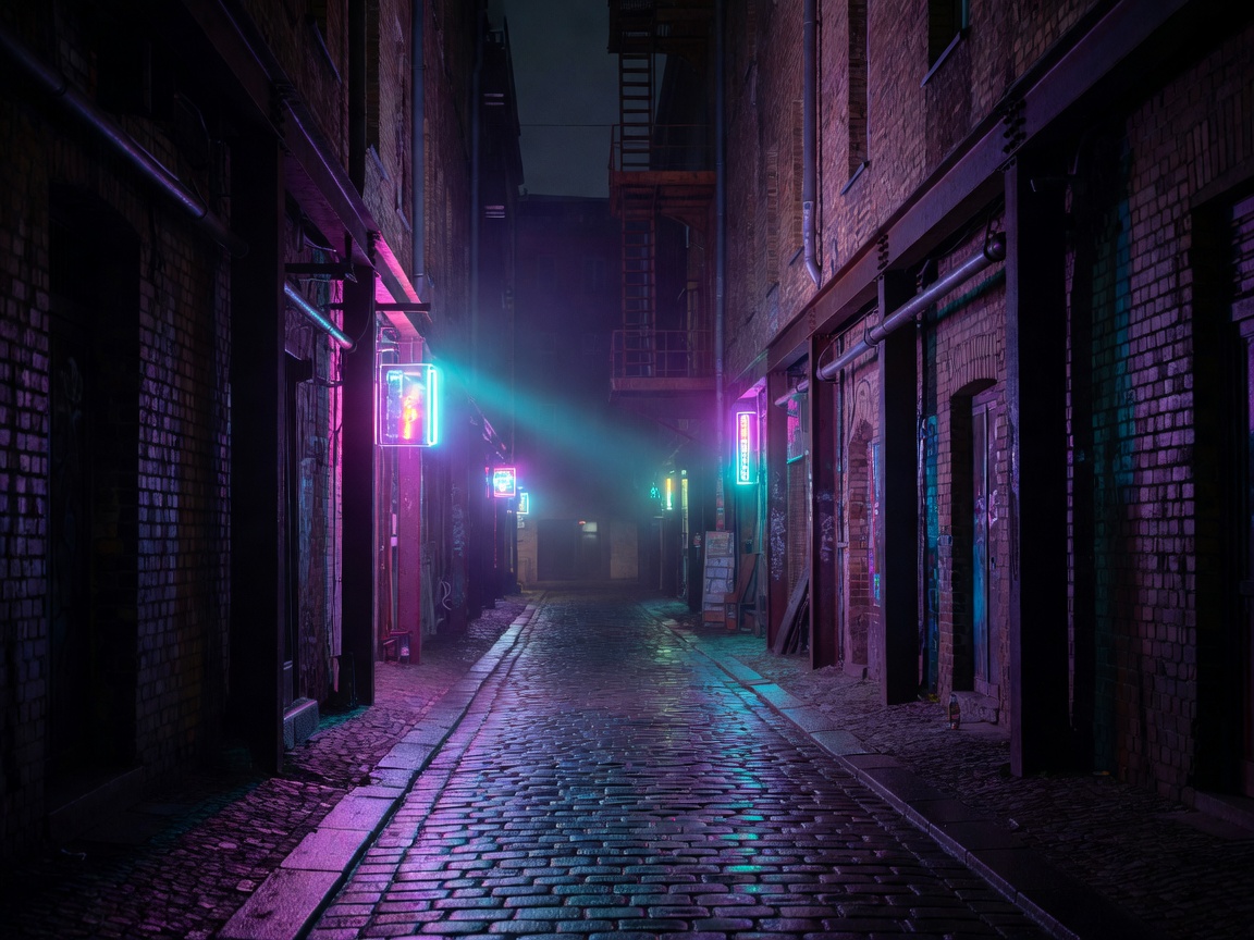 Atmospheric neon-lit night street in Berlin with industrial architectural details