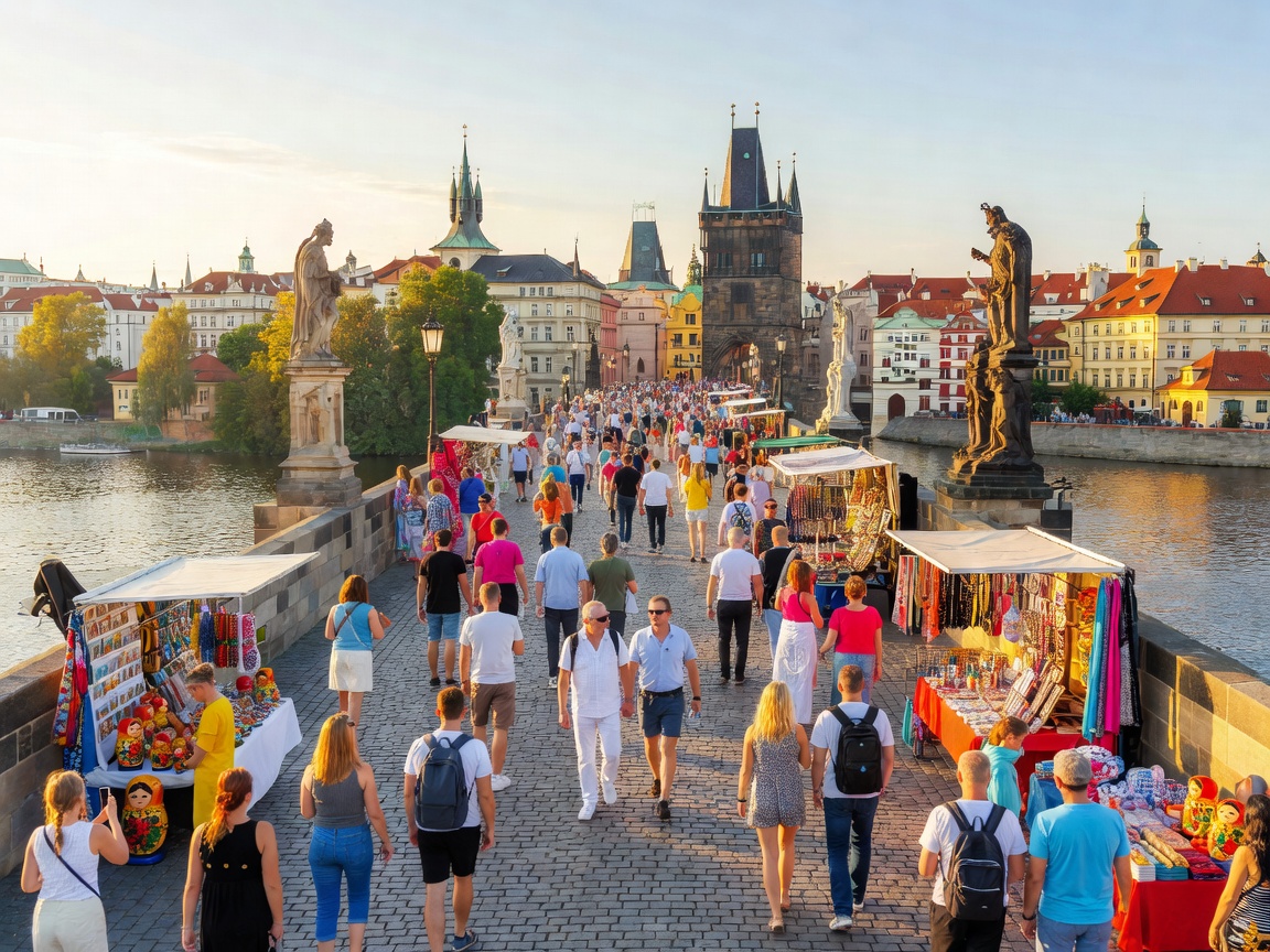 Charles bridge in Prague crowded with tourists and vendors during sunny afternoon