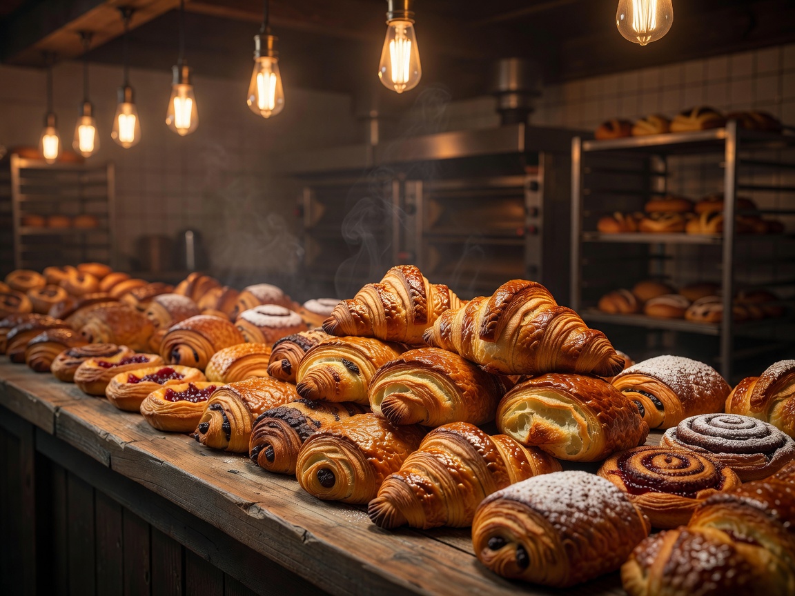 Fresh artisan sourdough croissants and pastries glowing under warm bakery lights at 3 AM