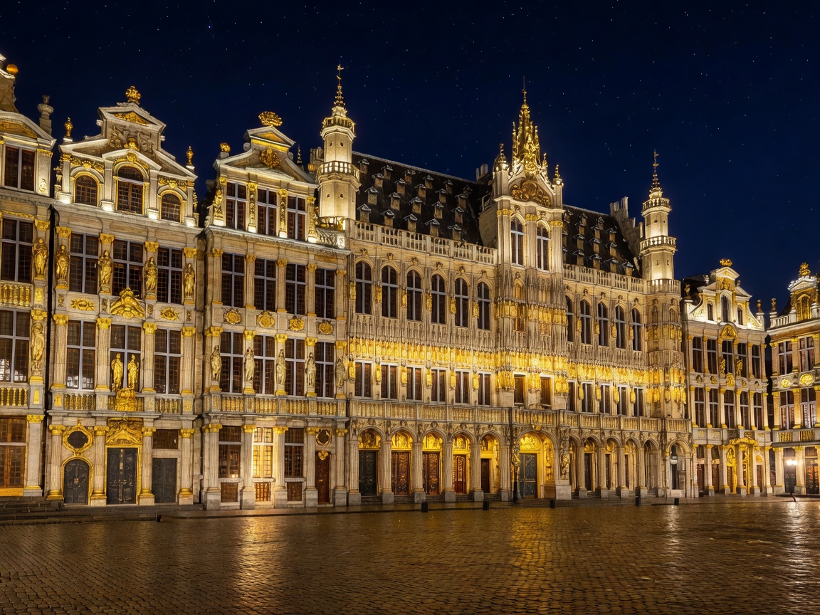 Grand Place in Brussels with ornate gilded Guildhalls illuminated under the night sky