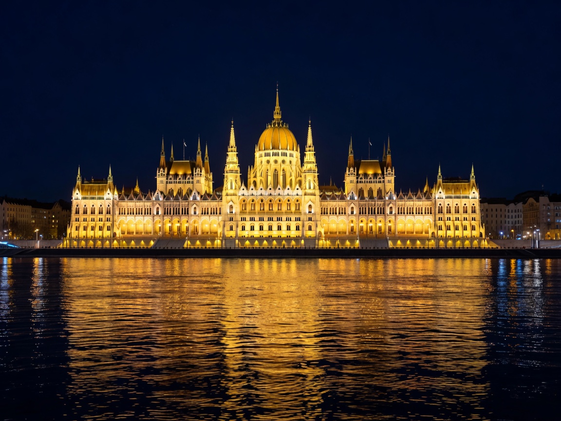 Hungarian Parliament illuminated in gold reflecting across the dark Danube river at night