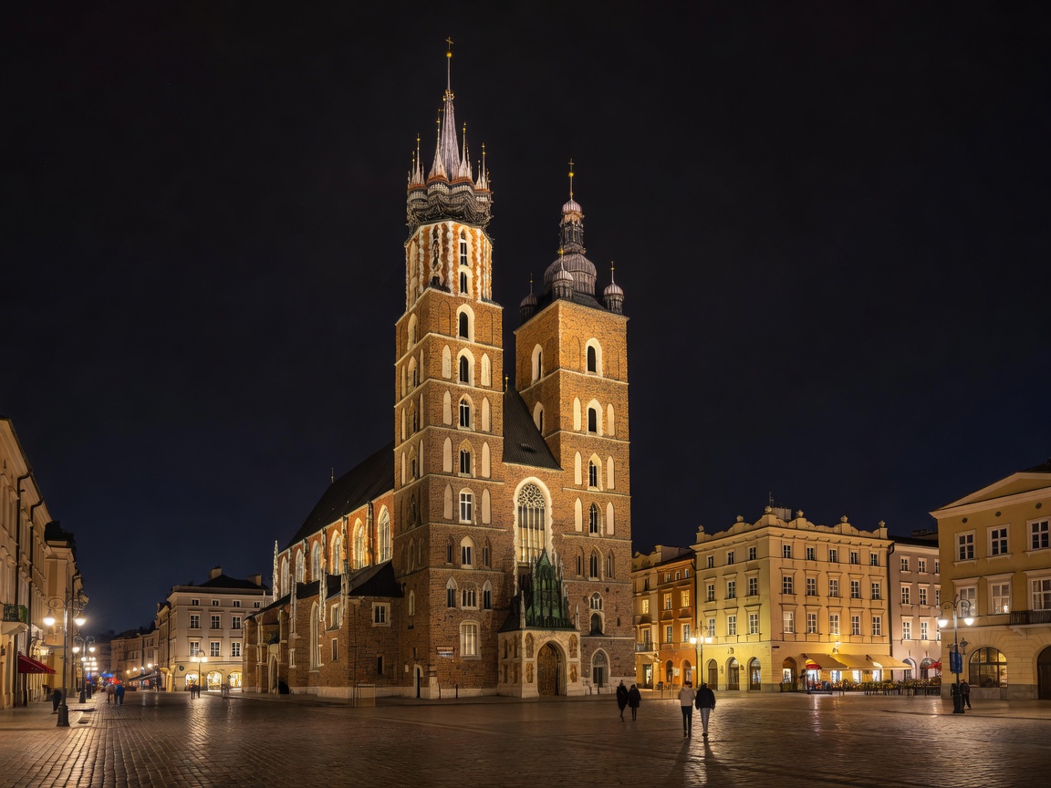 Main Market Square Rynek Glowny in Krakow illuminated with St Mary Basilica at night