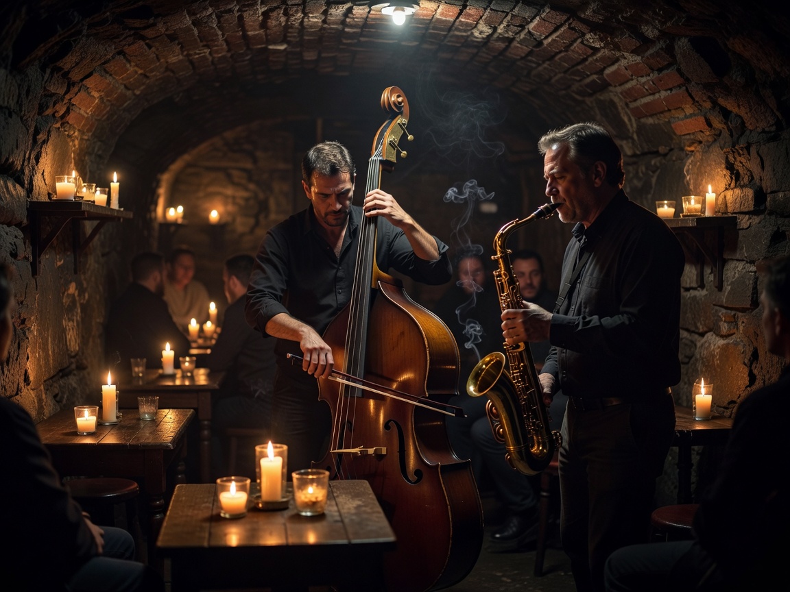 Moody candlelit subterranean jazz club with musicians playing double bass and saxophone