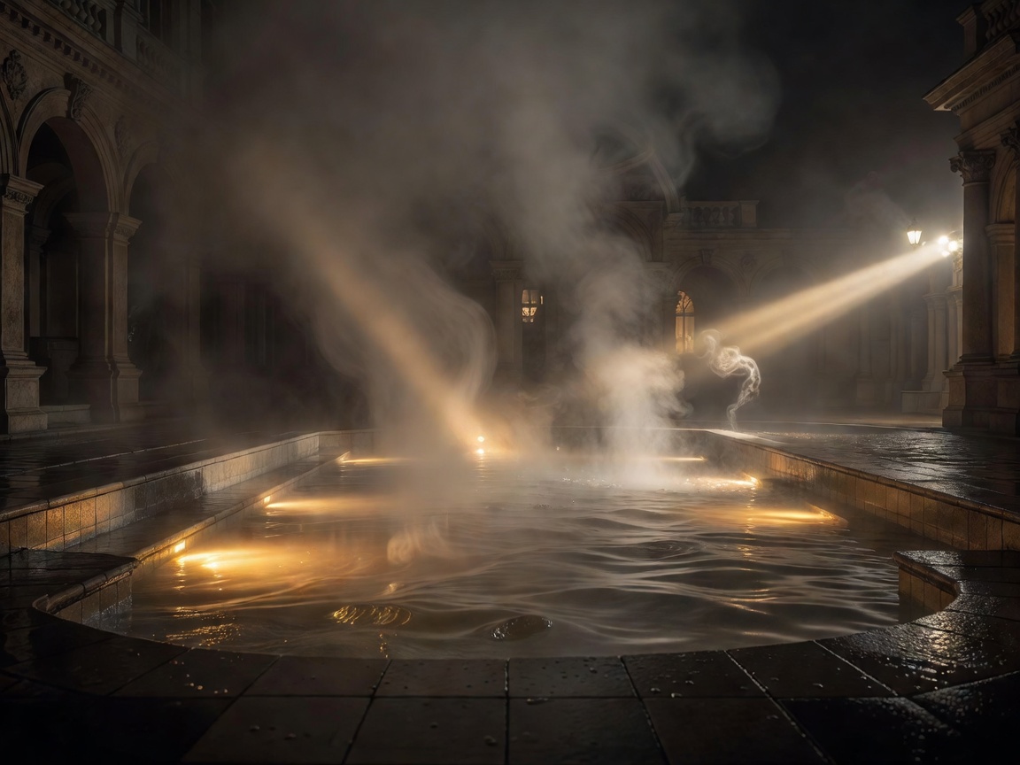 Outdoor steaming mineral thermal pool illuminated at night in Budapest