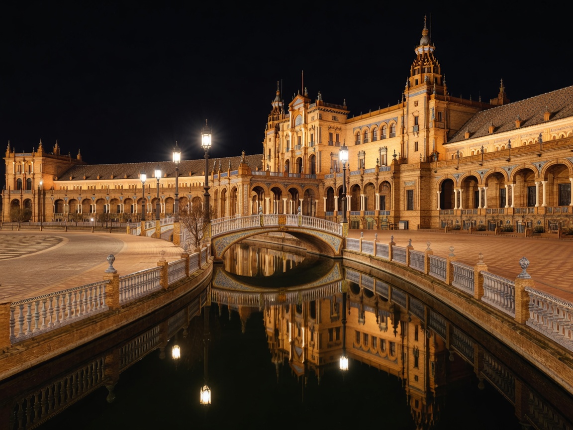 Plaza de Espana in Seville bathed in warm amber night lighting with arched canal bridges