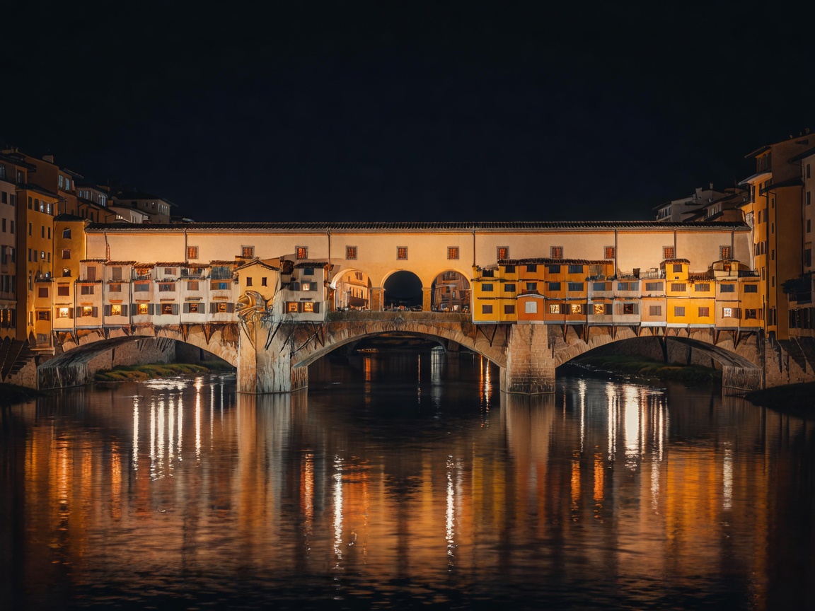 Ponte Vecchio in Florence glowing with amber light above the calm waters of the River Arno at night