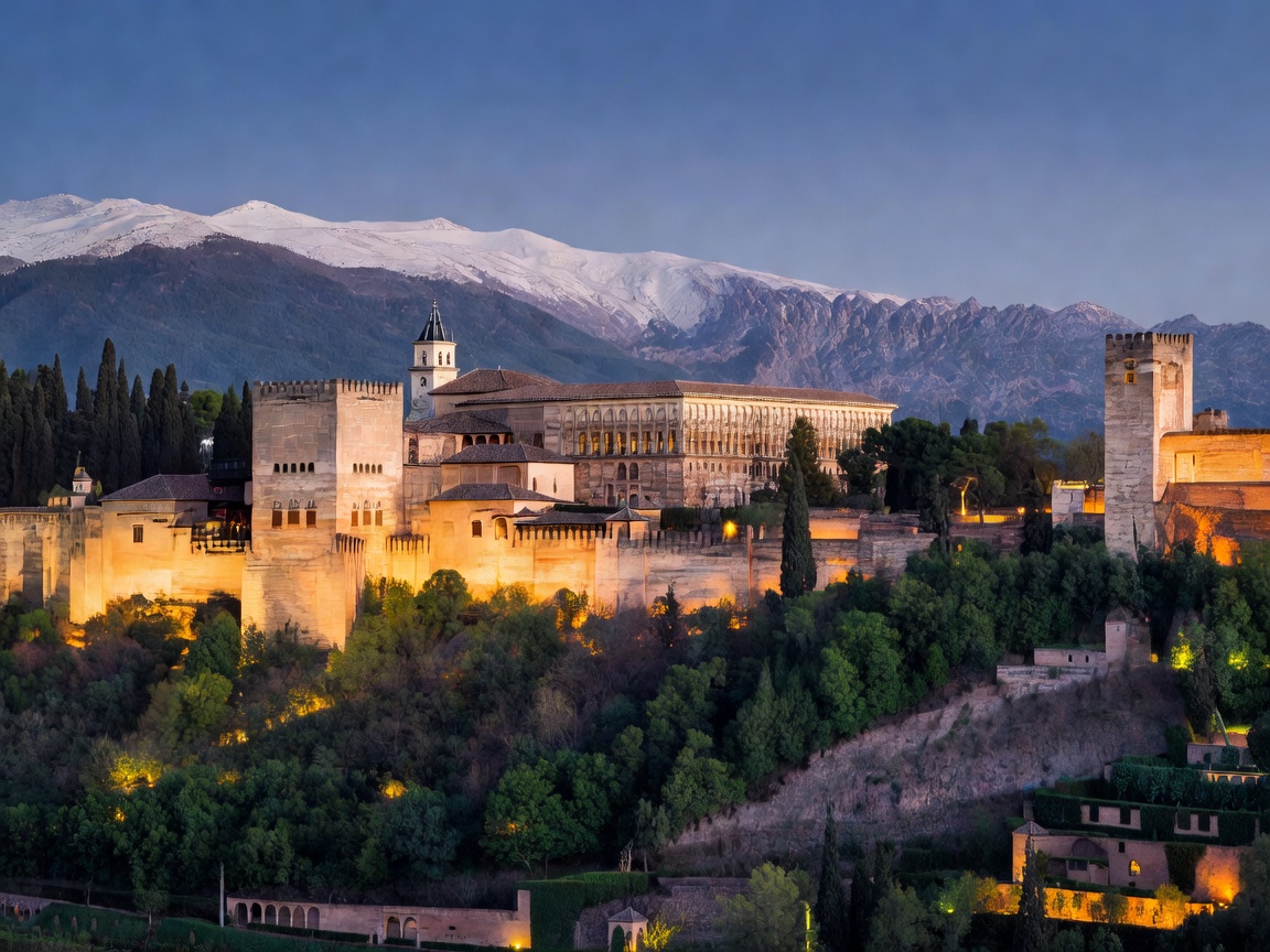 The Alhambra palace fortress illuminated on hilltop in Granada against backdrop of snowcapped mountains