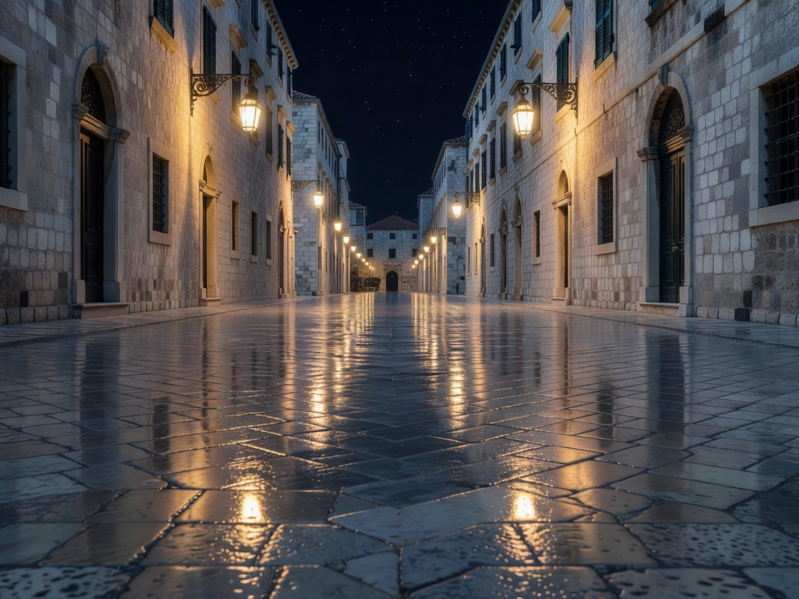 The Stradun limestone street in Dubrovnik polished like a mirror reflecting street lanterns