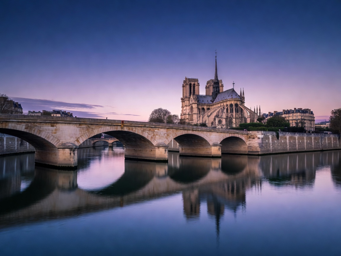 Illuminated bridges and cathedral spires along the Seine river at night in Paris