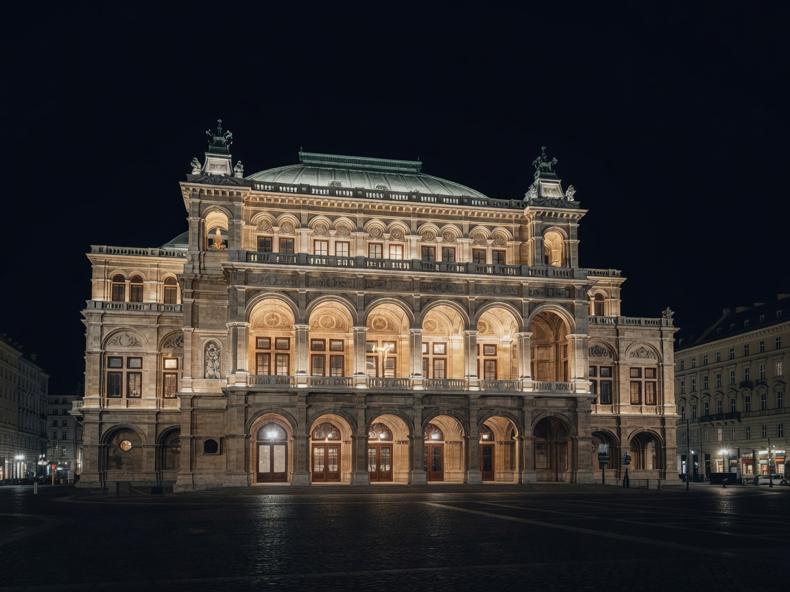 Vienna State Opera building glowing majestically with illuminated baroque arches at night
