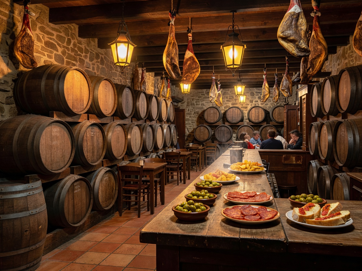 Warm atmospheric Spanish tapas taberna with sherry barrels and hanging cured hams