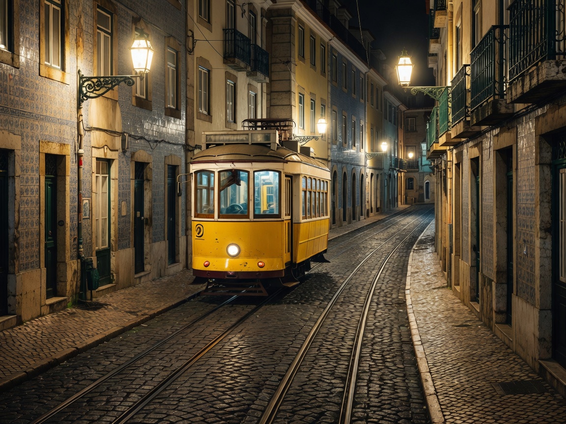 Yellow vintage tram ascending steep illuminated cobblestone street in Lisbon at night